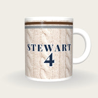 Personalised Brown and Grey Cable Knit Cricket Shirt Mug, front