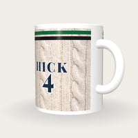 Personalised Green and Black Cable Knit Cricket Shirt Mug, three-quarter view
