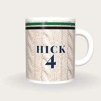 Personalised Green and Black Cable Knit Cricket Shirt Mug, front