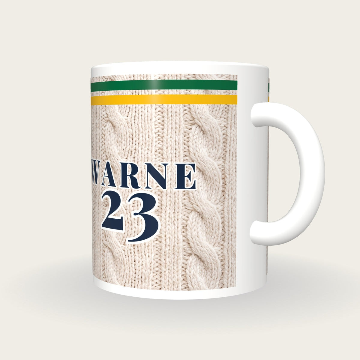 Personalised Green and Gold Cable Knit Cricket Shirt Mug, three-quarter view