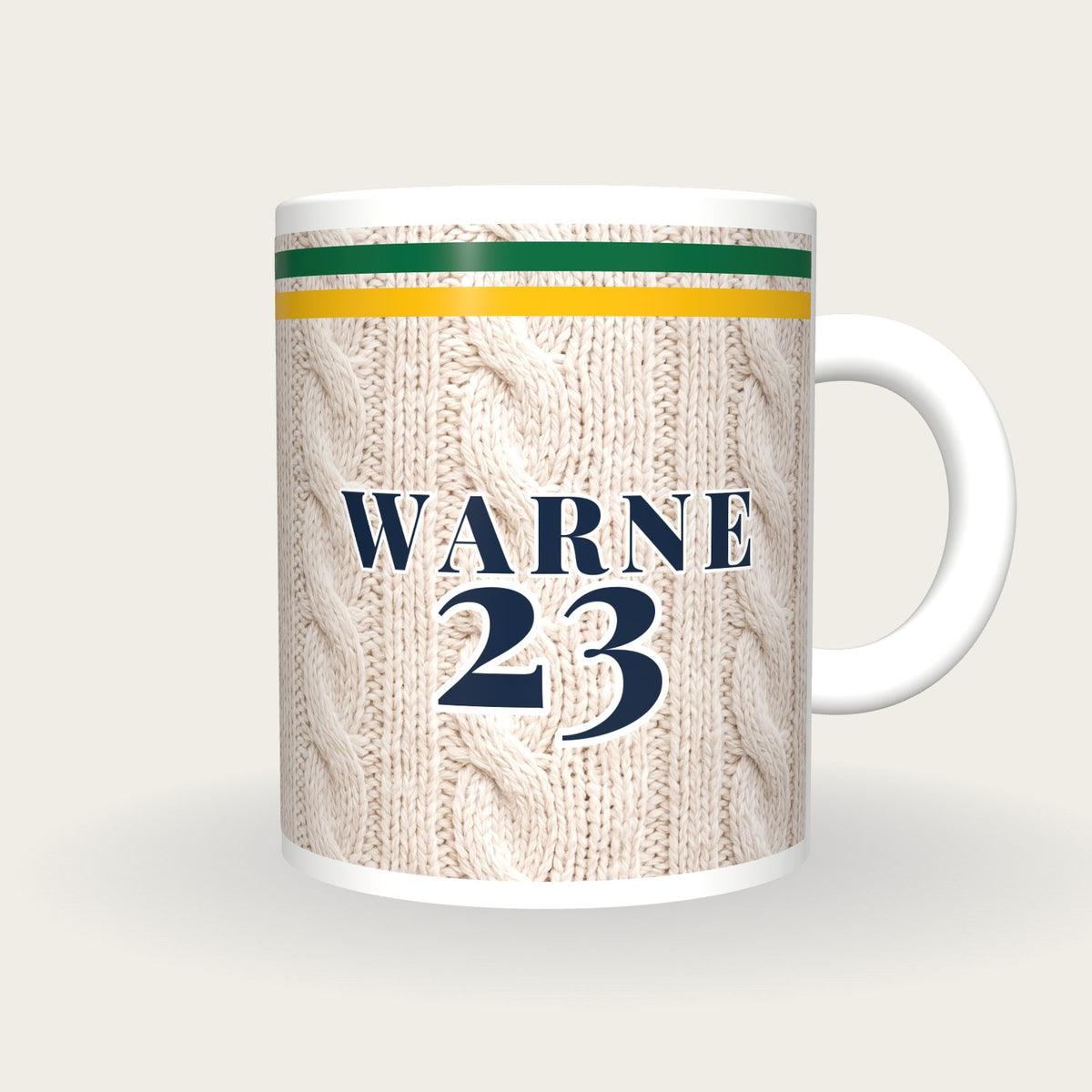 Personalised Green and Gold Cable Knit Cricket Shirt Mug, front