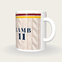 Personalised Maroon and Gold Cable Knit Cricket Shirt Mug, three-quarter view