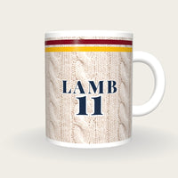 Personalised Maroon and Gold Cable Knit Cricket Shirt Mug, front