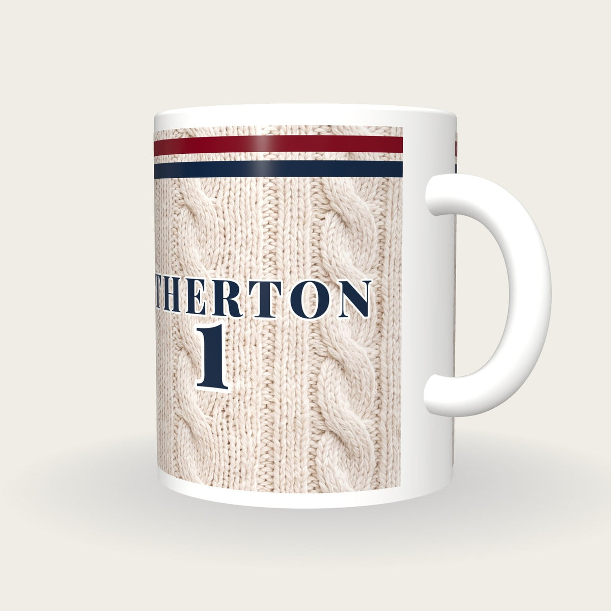 Personalised Maroon and Navy Cable Knit Cricket Shirt Mug, three-quarter view