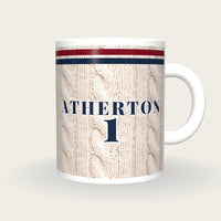 Personalised Maroon and Navy Cable Knit Cricket Shirt Mug, front