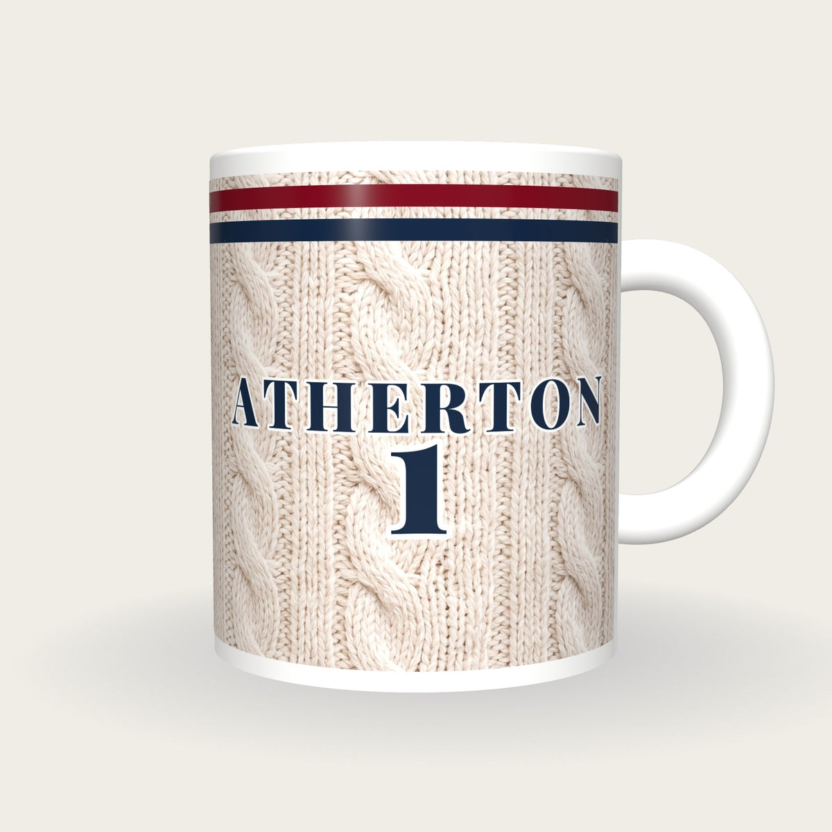 Personalised Maroon and Navy Cable Knit Cricket Shirt Mug, front