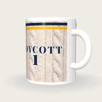 Personalised Navy and Gold Cable Knit Cricket Shirt Mug, three-quarter view