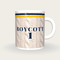 Personalised Navy and Gold Cable Knit Cricket Shirt Mug, front