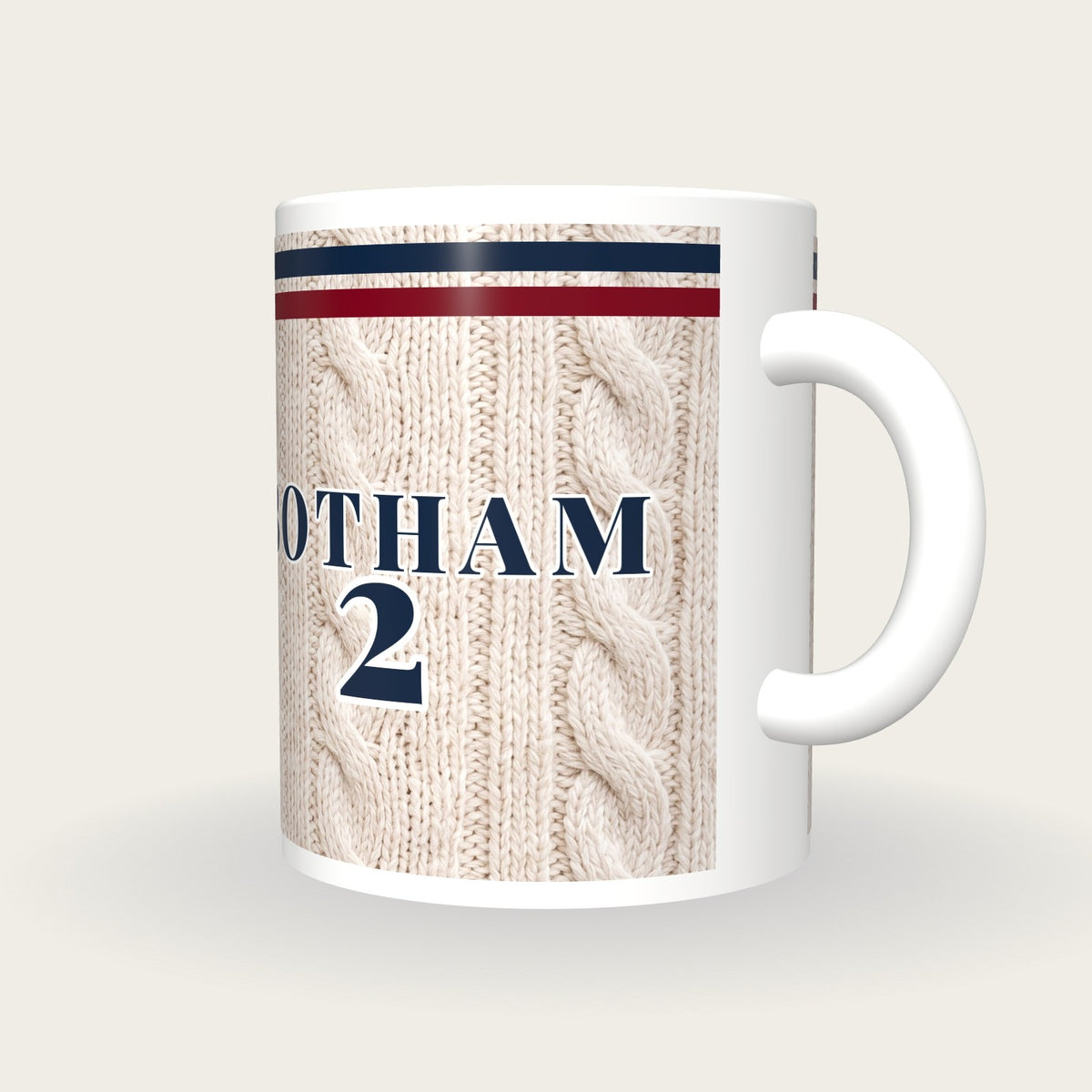 Personalised Navy and Maroon Cable Knit Cricket Shirt Mug, three-quarter view