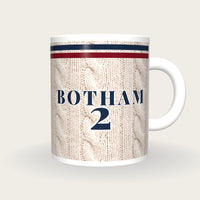 Personalised Navy and Maroon Cable Knit Cricket Shirt Mug, front
