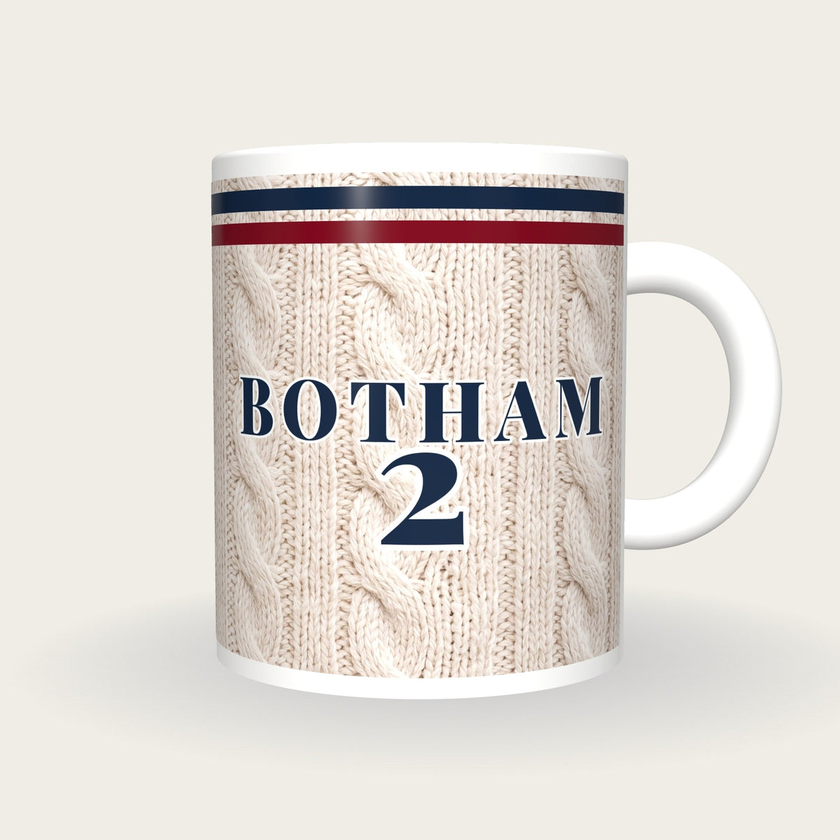 Personalised Navy and Maroon Cable Knit Cricket Shirt Mug, front