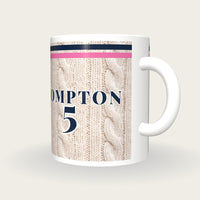 Personalised Navy and Pink Cable Knit Cricket Shirt Mug, three-quarter view