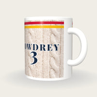 Personalised Red and Gold Cable Knit Cricket Shirt Mug, three-quarter view