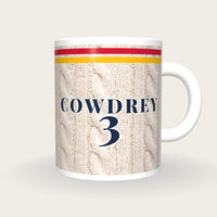 Personalised Red and Gold Cable Knit Cricket Shirt Mug, front