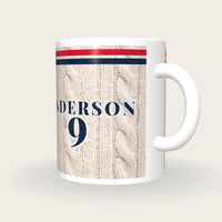 Personalised Red and Navy Cable Knit Cricket Shirt Mug, three-quarter view