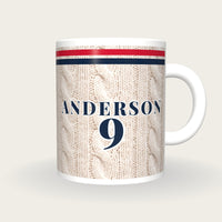 Personalised Red and Navy Cable Knit Cricket Shirt Mug, front