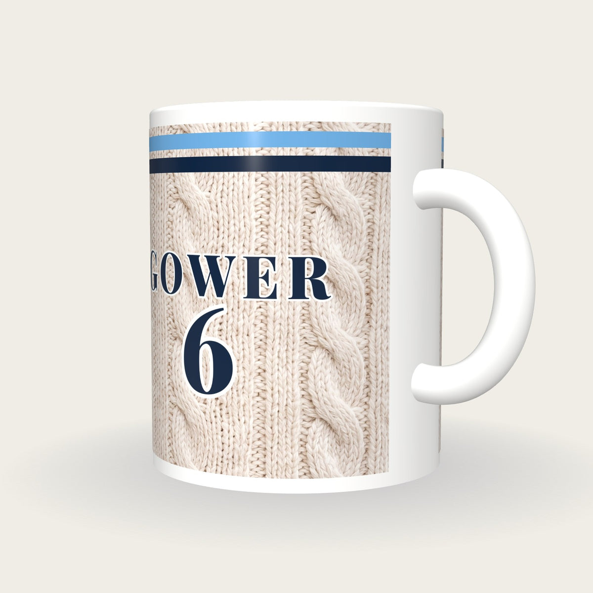Personalised Sky Blue and Navy Cable Knit Cricket Shirt Mug, three-quarter view