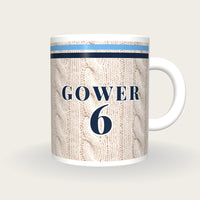 Personalised Sky Blue and Navy Cable Knit Cricket Shirt Mug, front