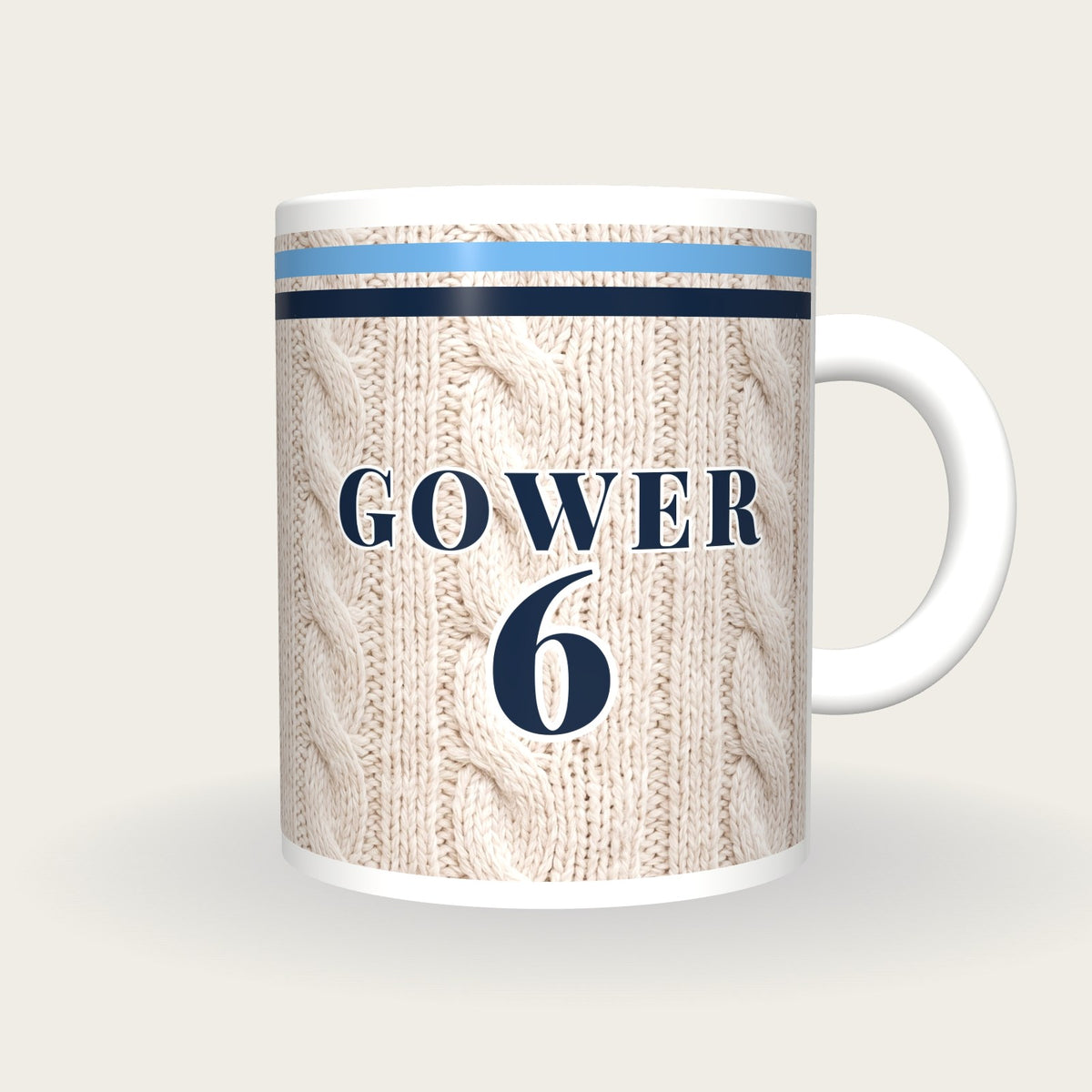 Personalised Sky Blue and Navy Cable Knit Cricket Shirt Mug, front