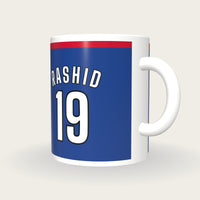 Personalised Royal Blue and Red Cricket Shirt Mug, three-quarter view