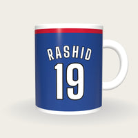 Personalised Royal Blue and Red Cricket Shirt Mug, front