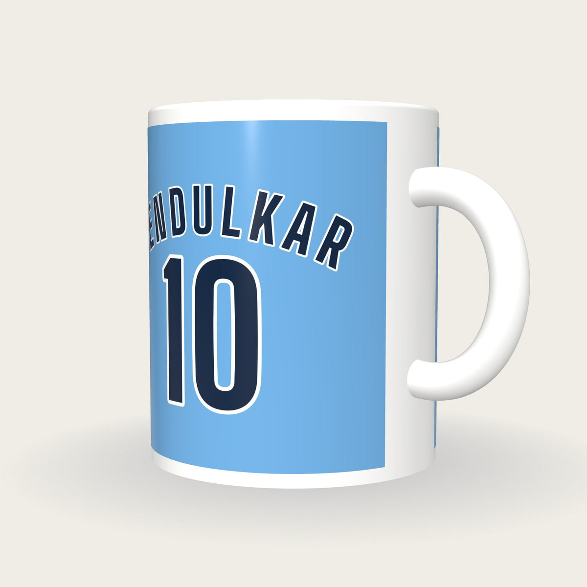 Personalised Sky Blue and Navy Cricket Shirt Mug, three-quarter view