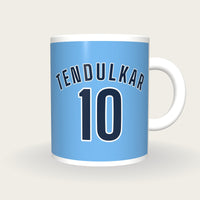 Personalised Sky Blue and Navy Cricket Shirt Mug, front