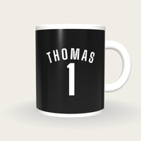 Personalised Black and White Cycling Jersey Mug, front