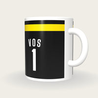Personalised Black with Yellow Band Cycling Jersey Mug, three-quarter view