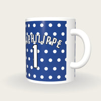 Personalised Blue with White Polka Dots Cycling Jersey Mug, three-quarter view