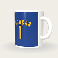 Personalised Blue and Yellow Cycling Jersey Mug, three-quarter view