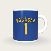 Personalised Blue and Yellow Cycling Jersey Mug, front