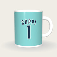 Personalised Celeste and Navy Cycling Jersey Mug, front