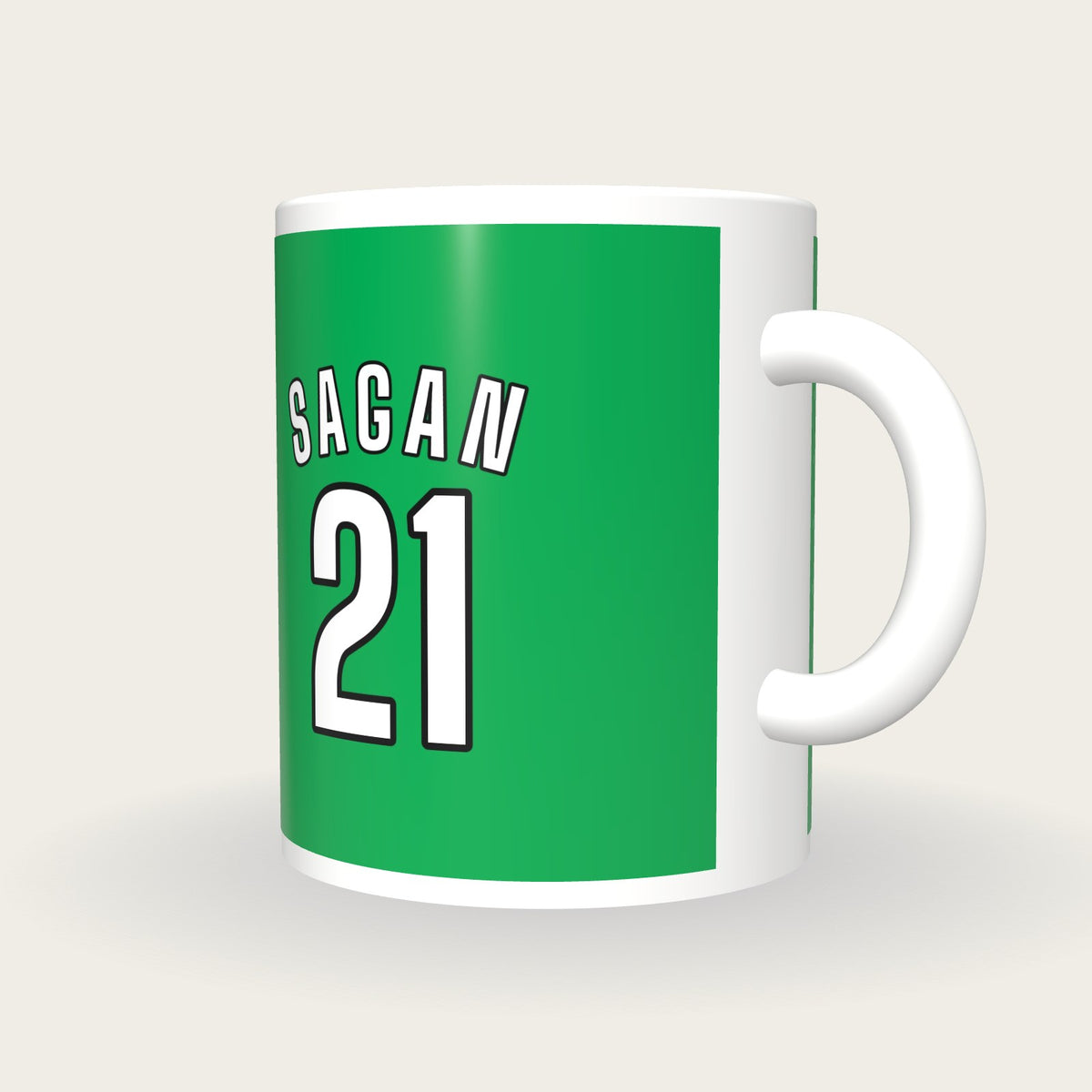 Personalised Green and White Cycling Jersey Mug, three-quarter view
