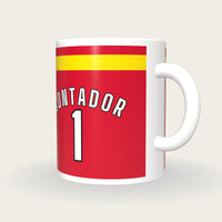 Personalised Red and Yellow Cycling Jersey Mug, three-quarter view