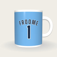 Personalised Sky Blue and Navy Cycling Jersey Mug, front