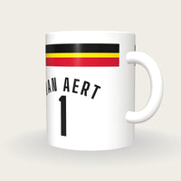 Personalised White with Black, Yellow and Red Bands Cycling Jersey Mug, three-quarter view
