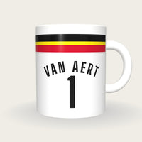 Personalised White with Black, Yellow and Red Bands Cycling Jersey Mug, front