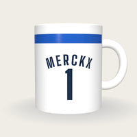 Personalised White with Blue Band Cycling Jersey Mug, front