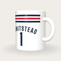 Personalised White with Navy and Red Bands Cycling Jersey Mug, three-quarter view
