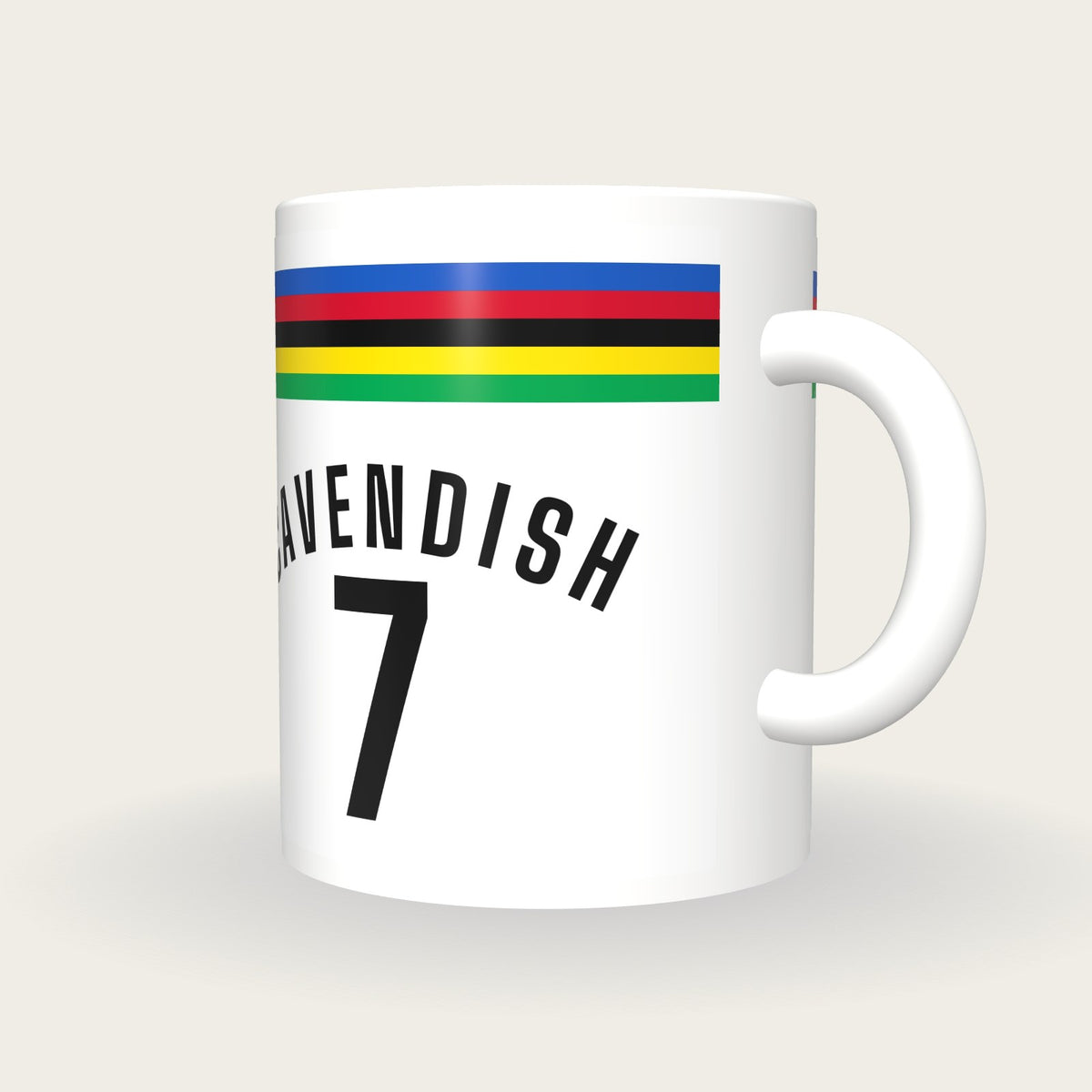 Personalised White with Rainbow Bands Cycling Jersey Mug, three-quarter view
