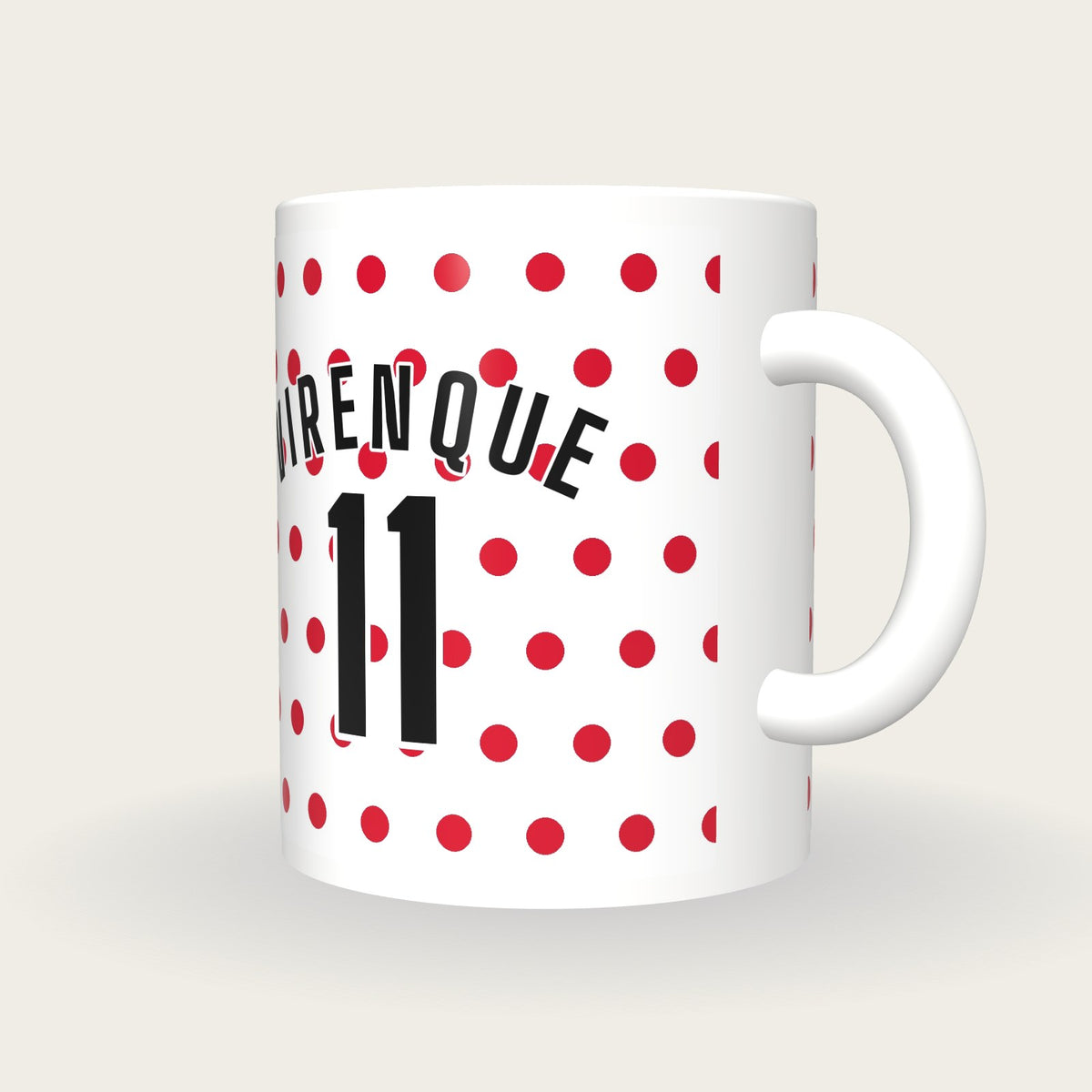 Personalised White with Red Polka Dots Cycling Jersey Mug, three-quarter view