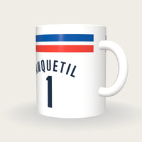 Personalised White with Blue and Red Bands Cycling Jersey Mug, three-quarter view
