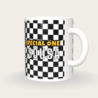 Personalised Chequered Flag Darts Shirt Mug, three-quarter view