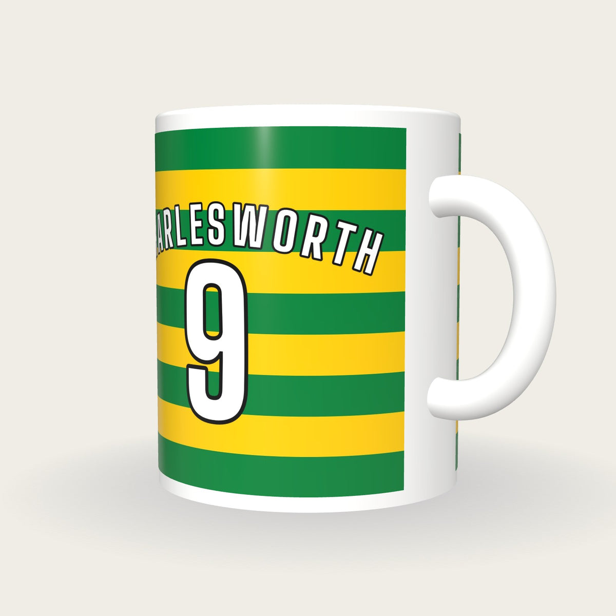 Personalised Green and Gold Hoops Hockey Shirt Mug, three-quarter view