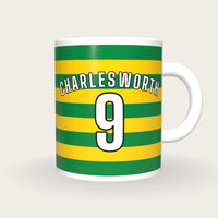 Personalised Green and Gold Hoops Hockey Shirt Mug, front