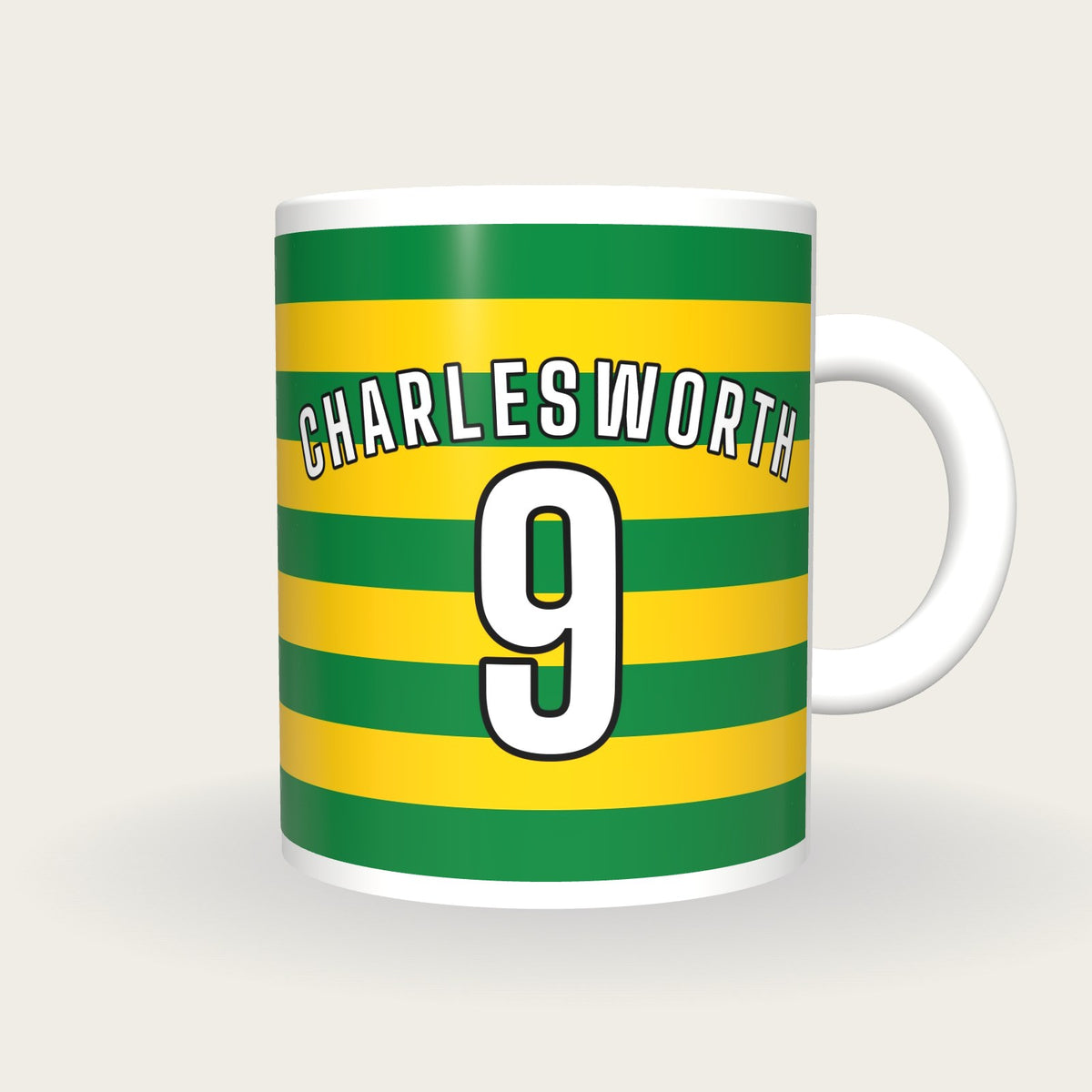 Personalised Green and Gold Hoops Hockey Shirt Mug, front