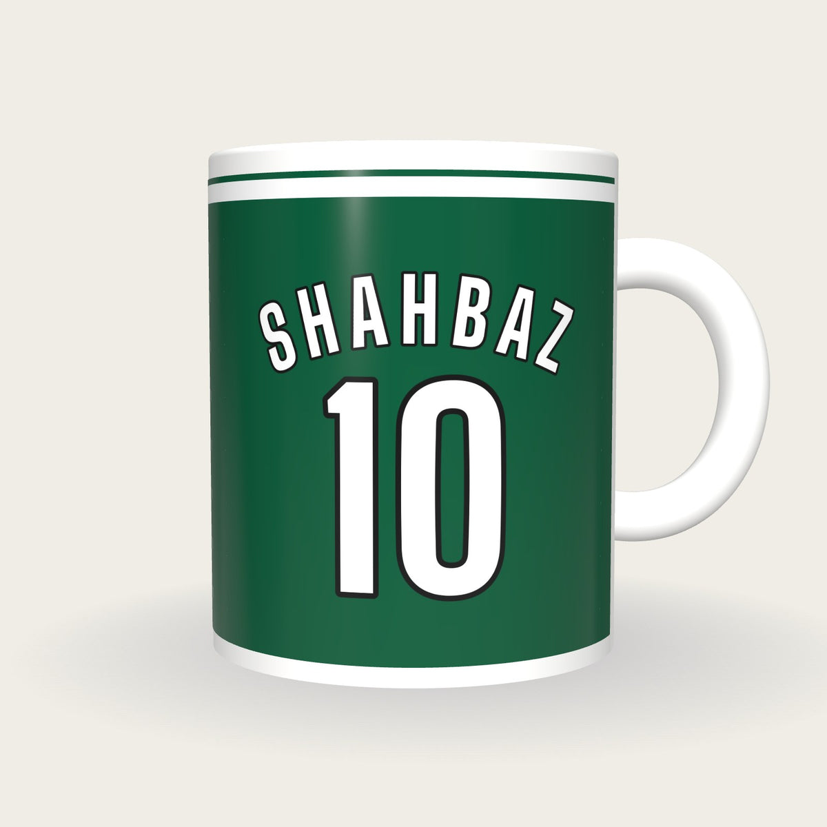 Personalised Green and White Hockey Shirt Mug, front