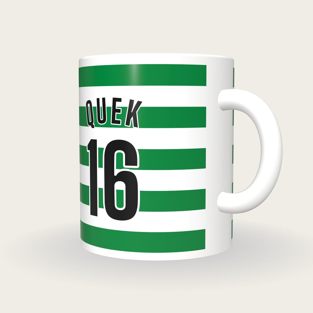 Personalised Green and White Hoops Hockey Shirt Mug, three-quarter view
