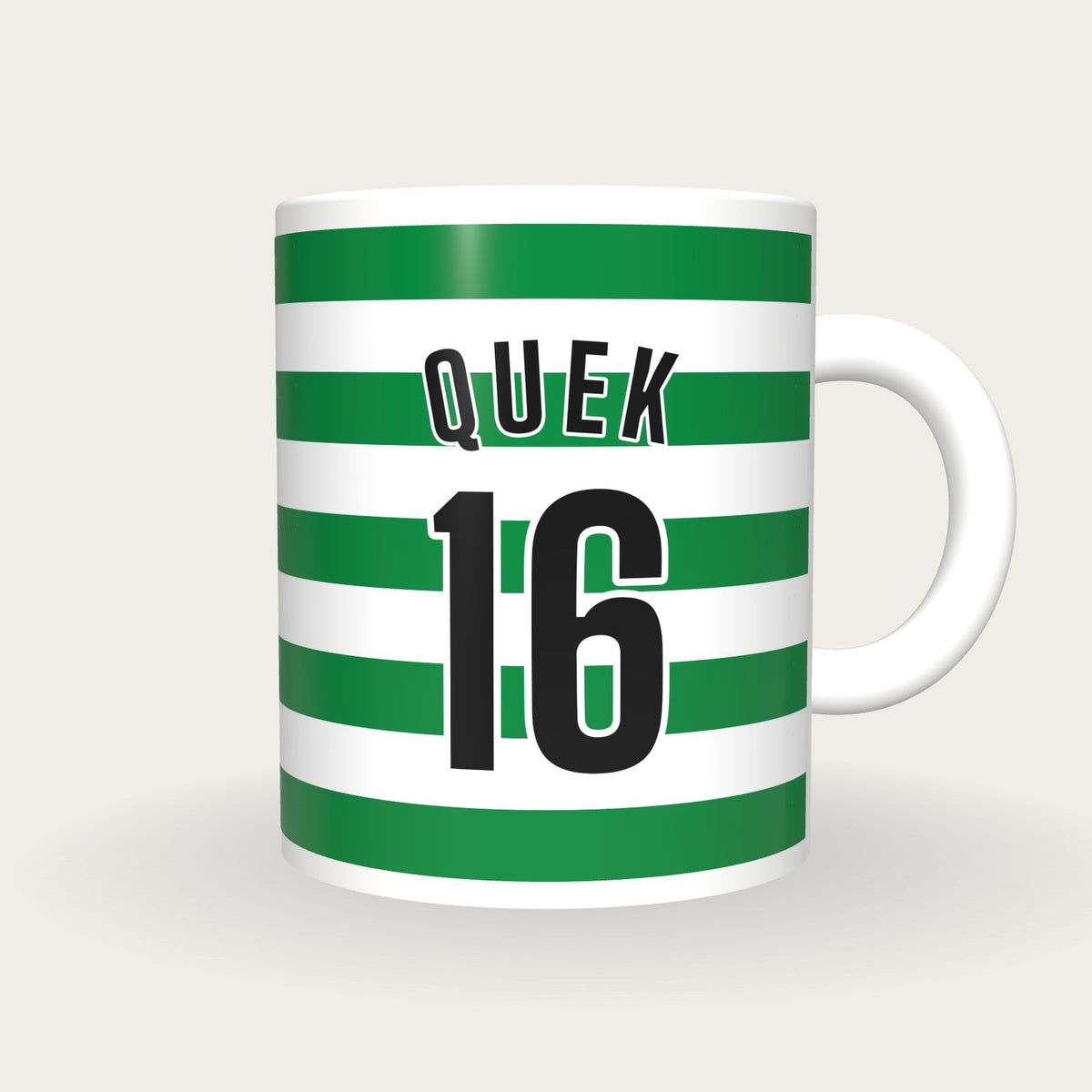 Personalised Green and White Hoops Hockey Shirt Mug, front